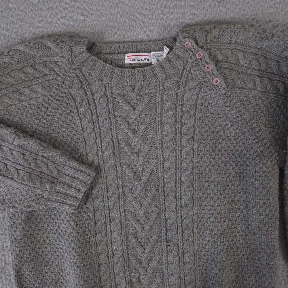 VTG Talbots Sweater Womens M Wool Hand Made Cable Chunky 90s Asymmetric Henley‎